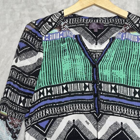 Hale Bob Shirt Womens Medium Multicolor Silk Boho Blouse Long Sleeve V Neck - Picture 1 of 10